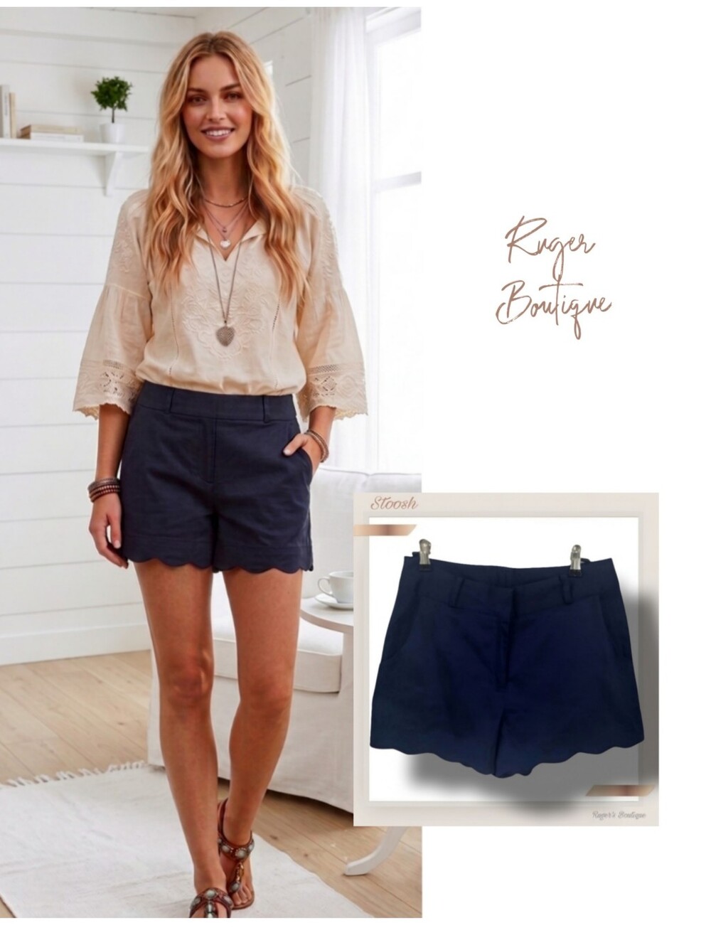 🌿Stoosh Women's Navy Blue Scalloped Hem Shorts size 5- Beautiful!💎